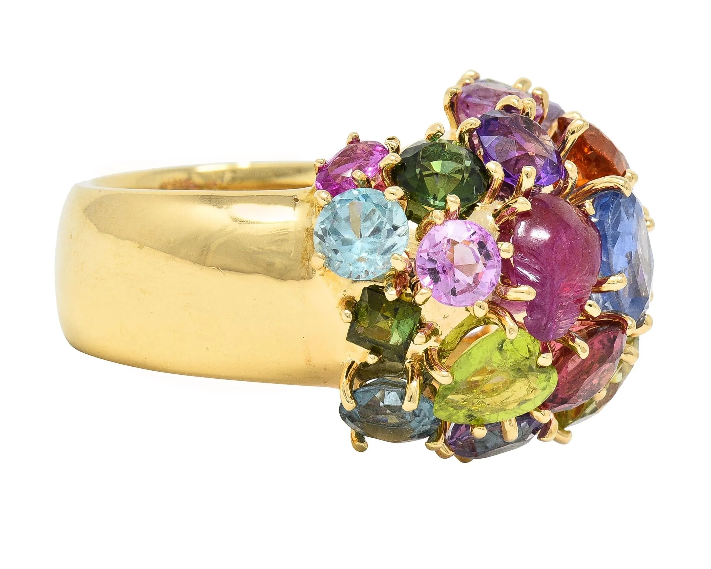 1990's Multi-Gem Sapphire Topaz Peridot 14 Karat Yellow Gold Vintage Cluster Cocktail Ring