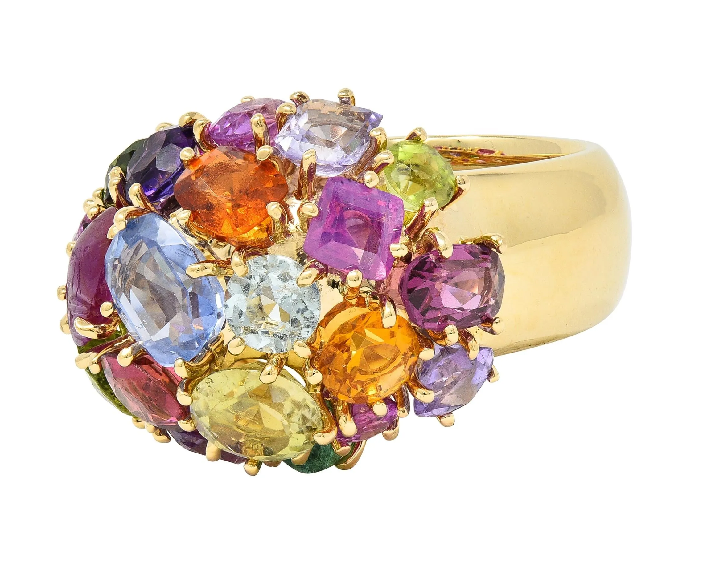 1990's Multi-Gem Sapphire Topaz Peridot 14 Karat Yellow Gold Vintage Cluster Cocktail Ring