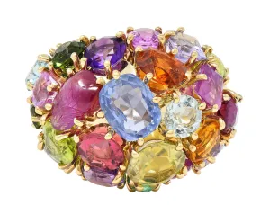 1990's Multi-Gem Sapphire Topaz Peridot 14 Karat Yellow Gold Vintage Cluster Cocktail Ring
