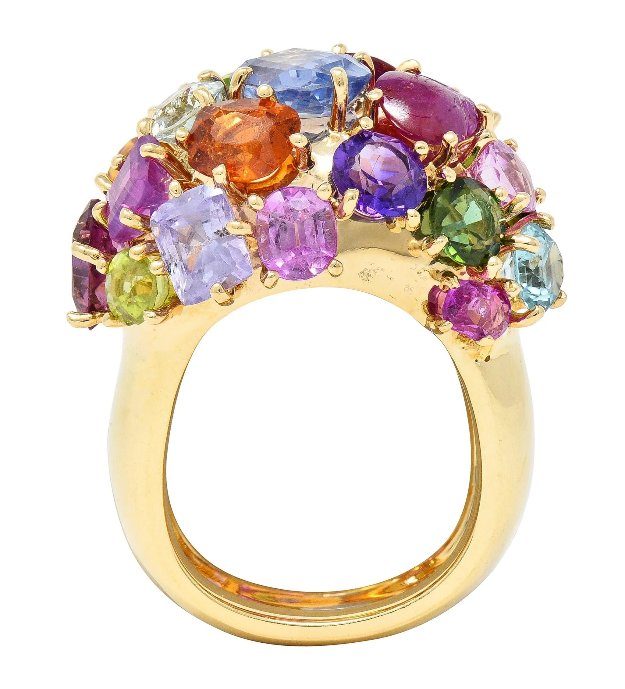 1990's Multi-Gem Sapphire Topaz Peridot 14 Karat Yellow Gold Vintage Cluster Cocktail Ring