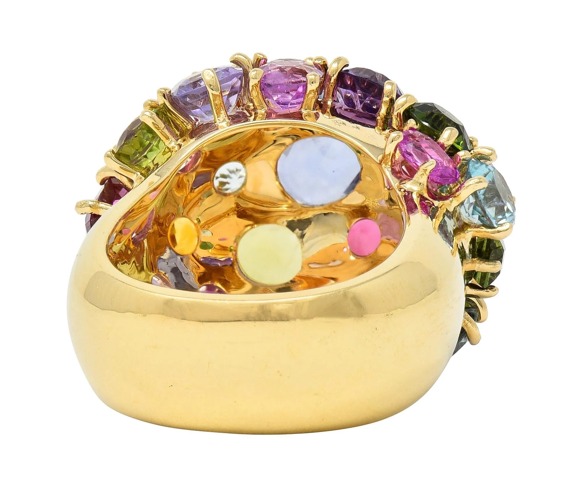 1990's Multi-Gem Sapphire Topaz Peridot 14 Karat Yellow Gold Vintage Cluster Cocktail Ring