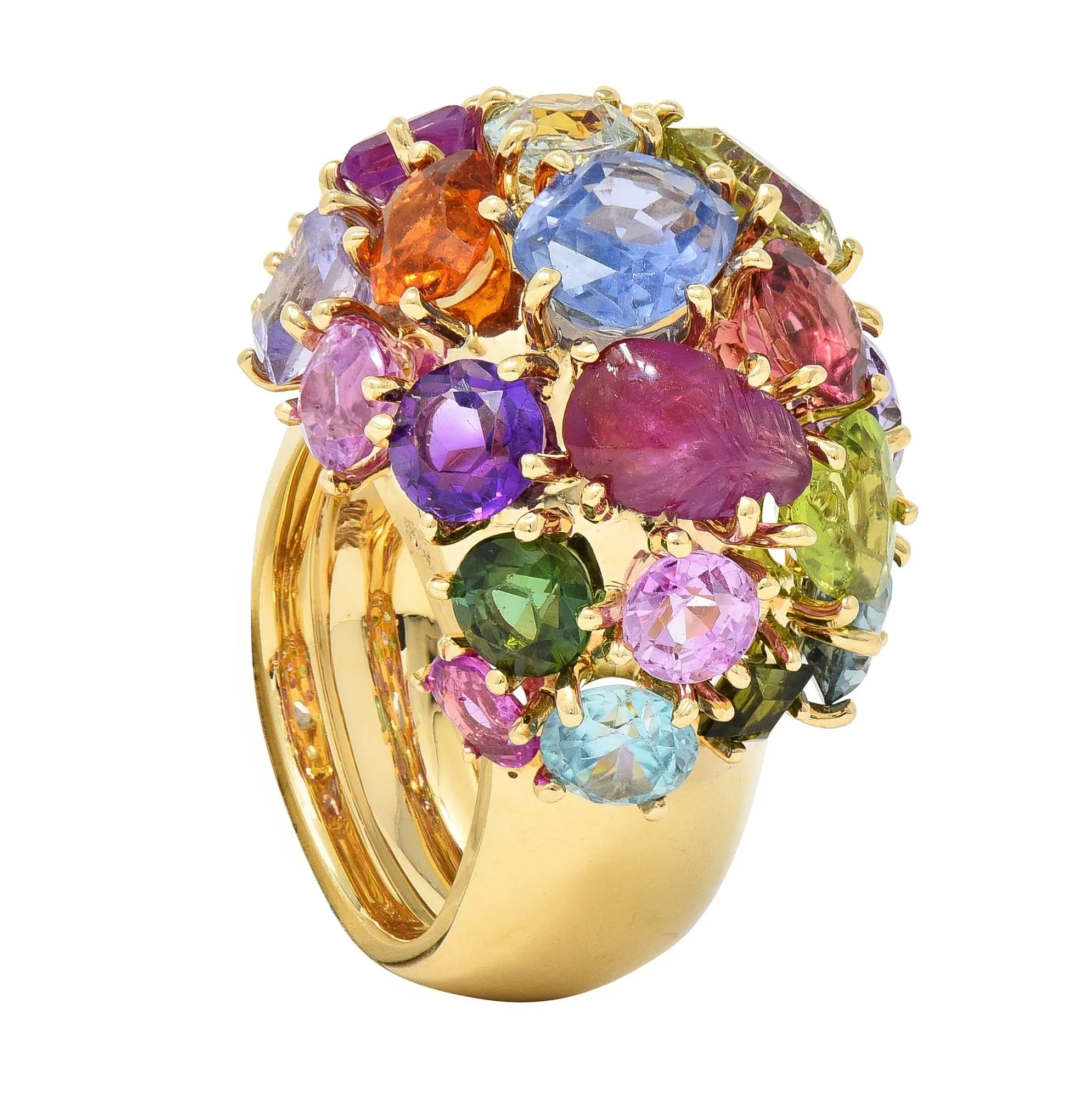 1990's Multi-Gem Sapphire Topaz Peridot 14 Karat Yellow Gold Vintage Cluster Cocktail Ring