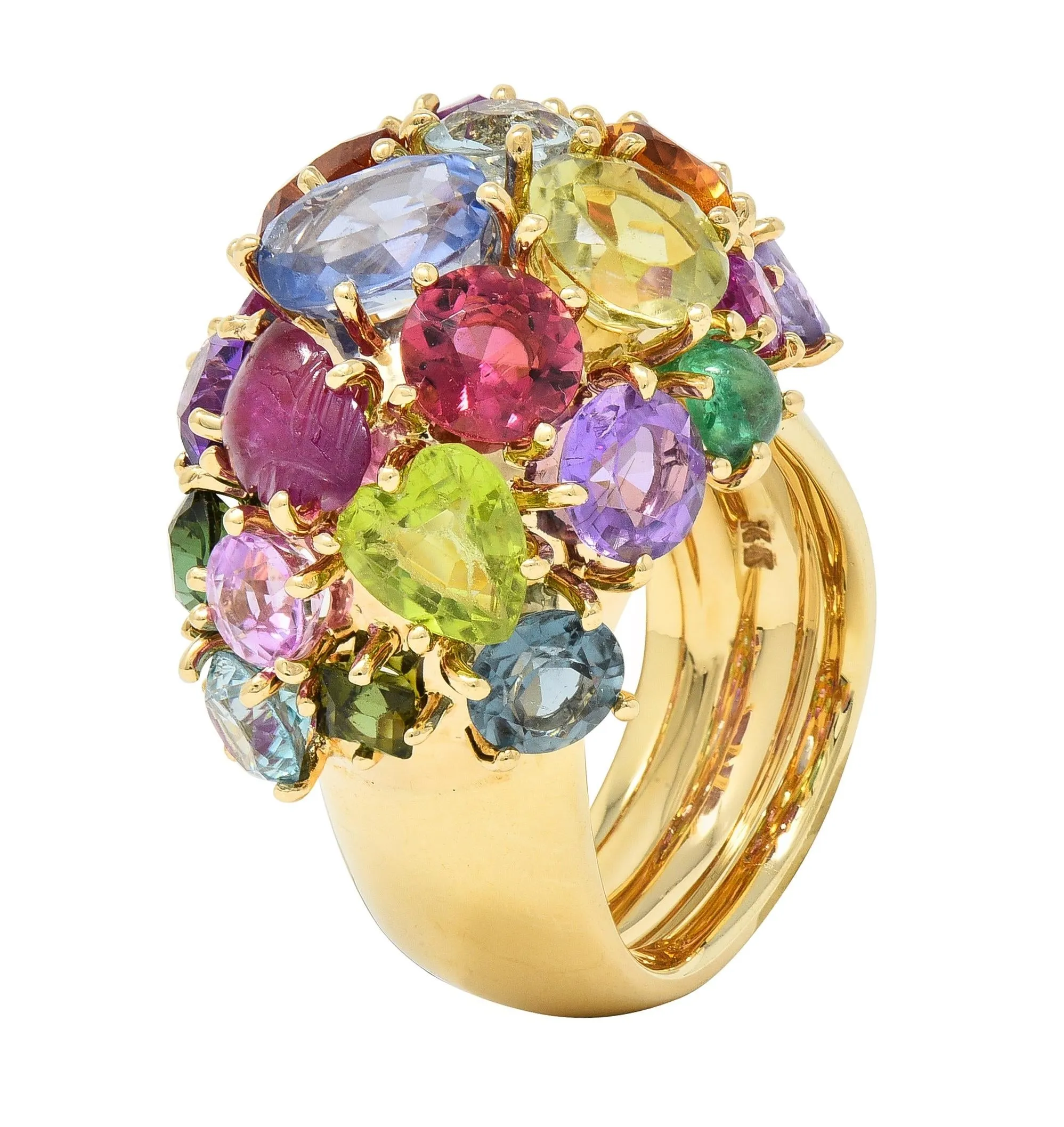 1990's Multi-Gem Sapphire Topaz Peridot 14 Karat Yellow Gold Vintage Cluster Cocktail Ring