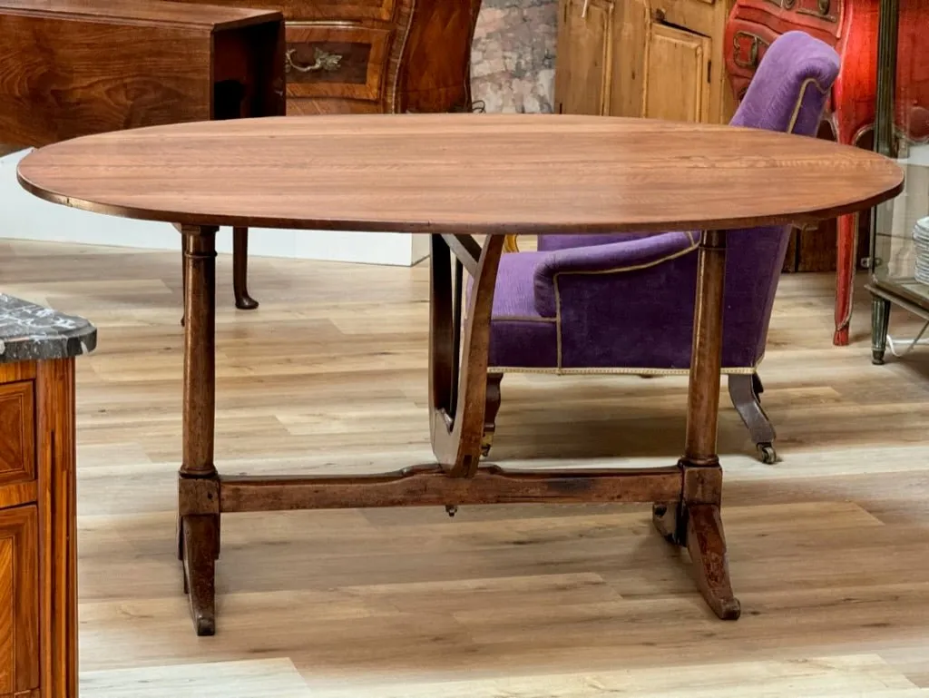 19th Century Fruitwood vintner’s table, wine table, oval trestle base