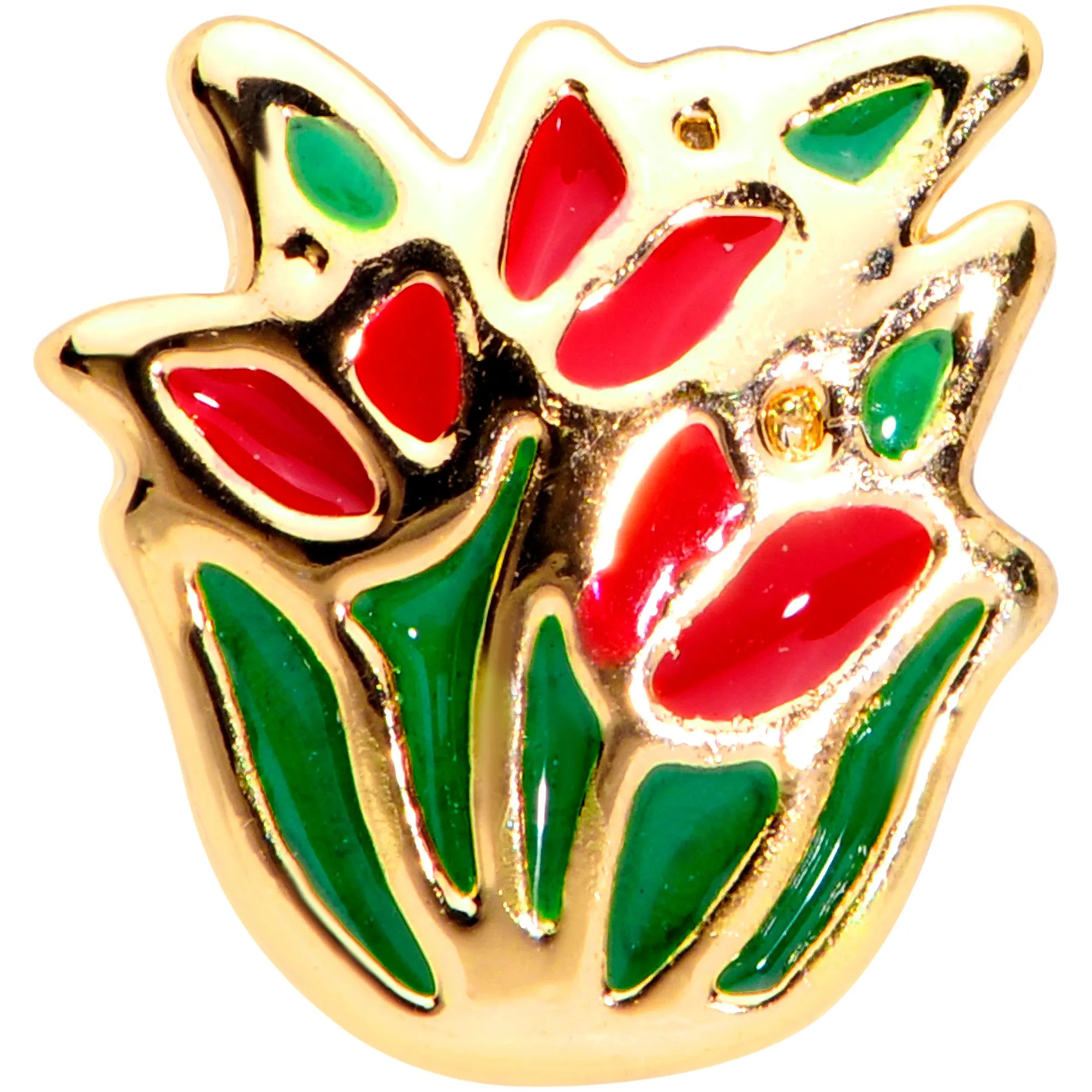20 Gauge 1/4 Gold Tone Springtime Red Tulip Flowers Nose Bone