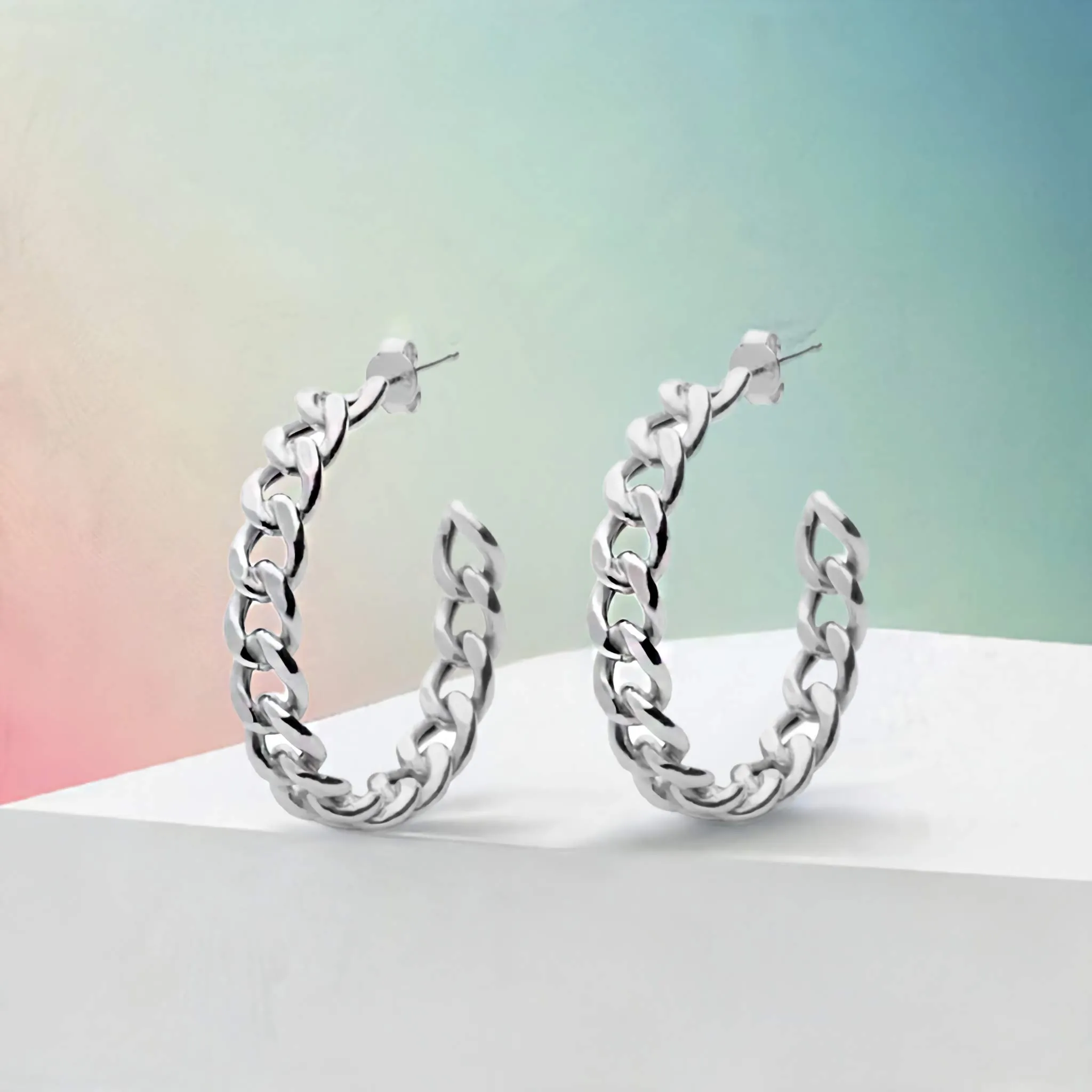 20 mm Cuban Chain J-Hoop Earrings in Sterling Silver