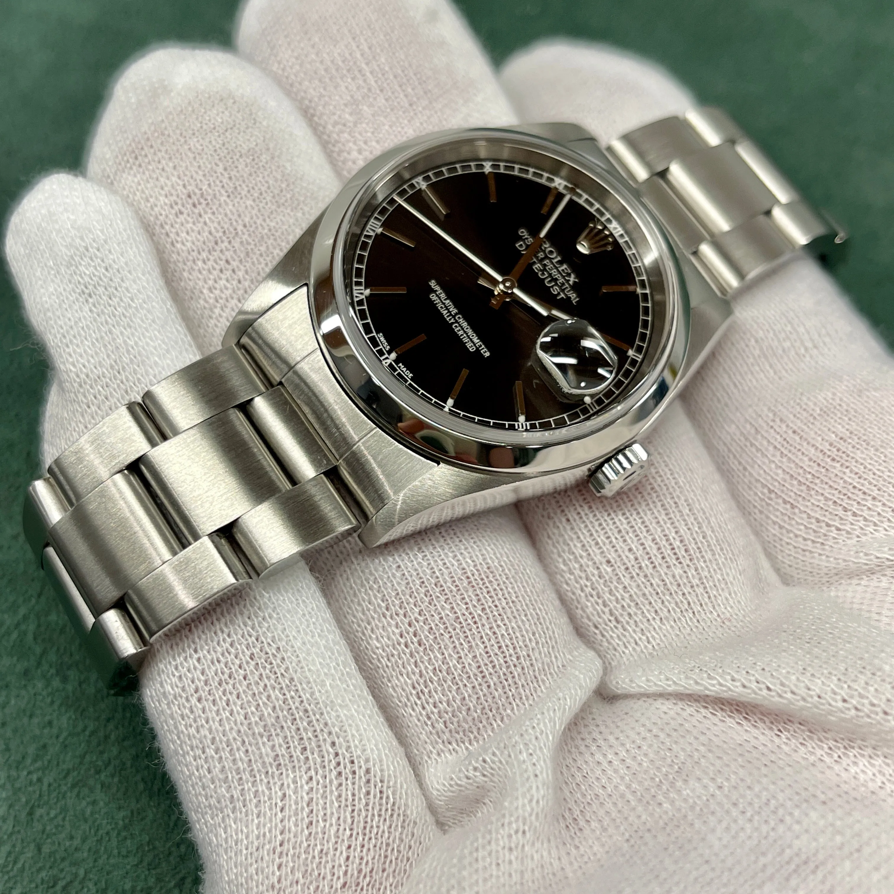 2001 Rolex Datejust 16200 Black Stick Oyster Perpetual Automatic Wristwatch