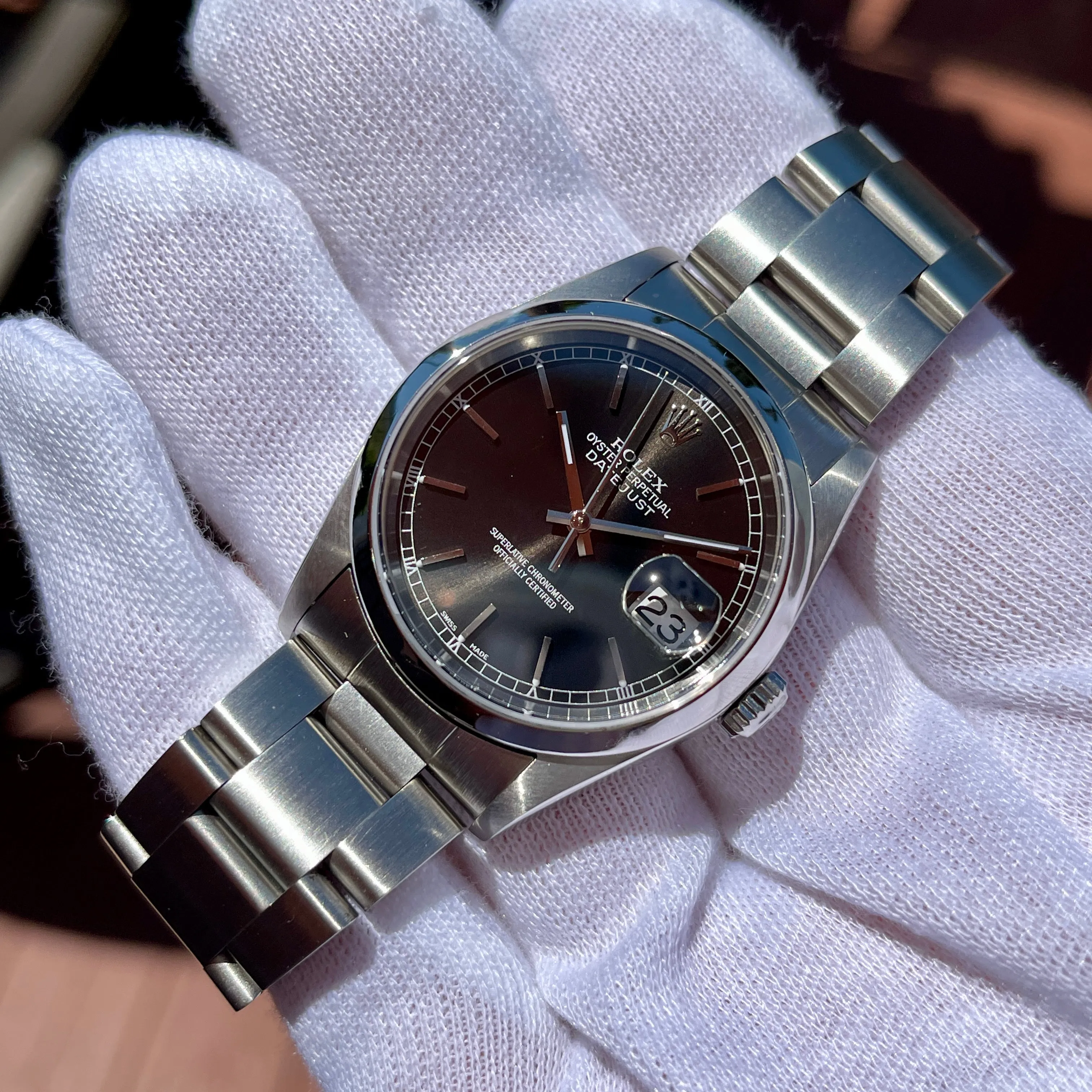 2001 Rolex Datejust 16200 Black Stick Oyster Perpetual Automatic Wristwatch