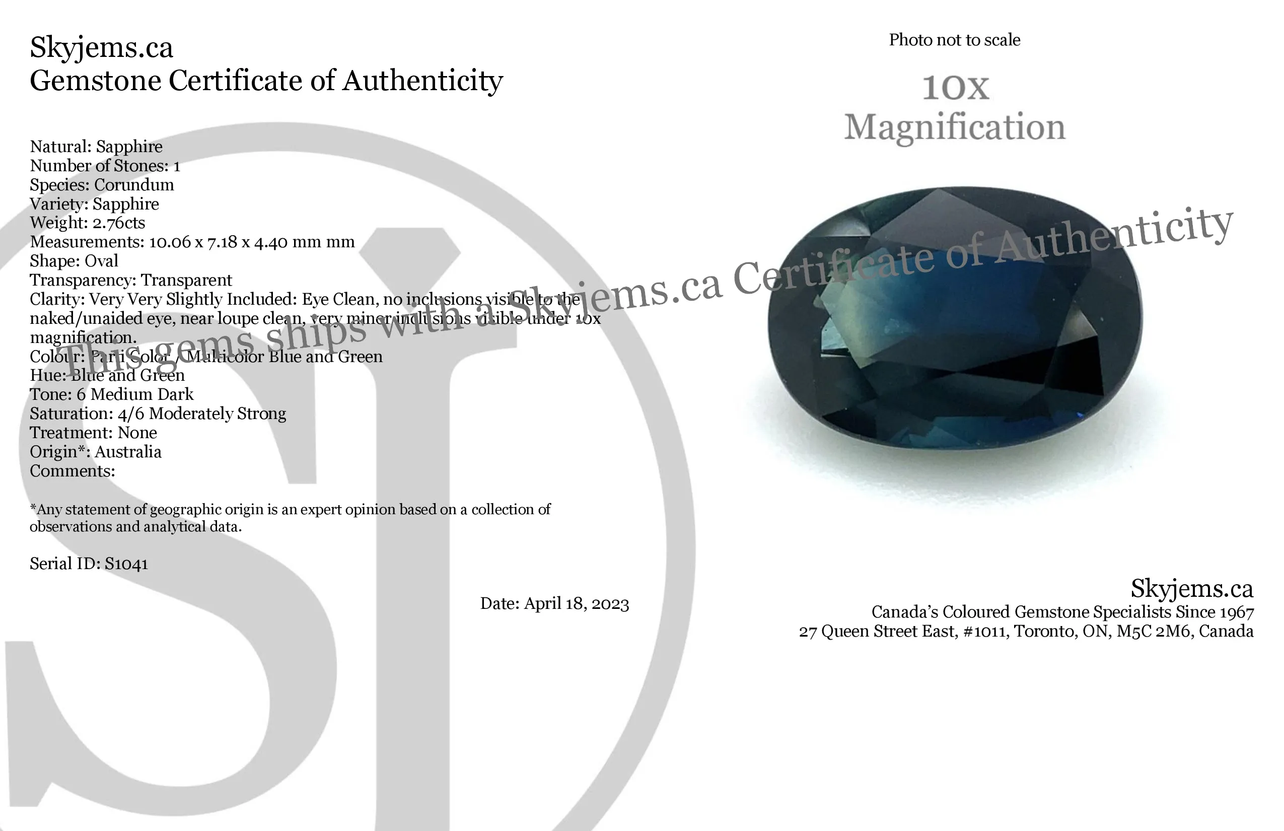 2.76ct Oval Blue and Green Parti Sapphire from Australia Unheated
