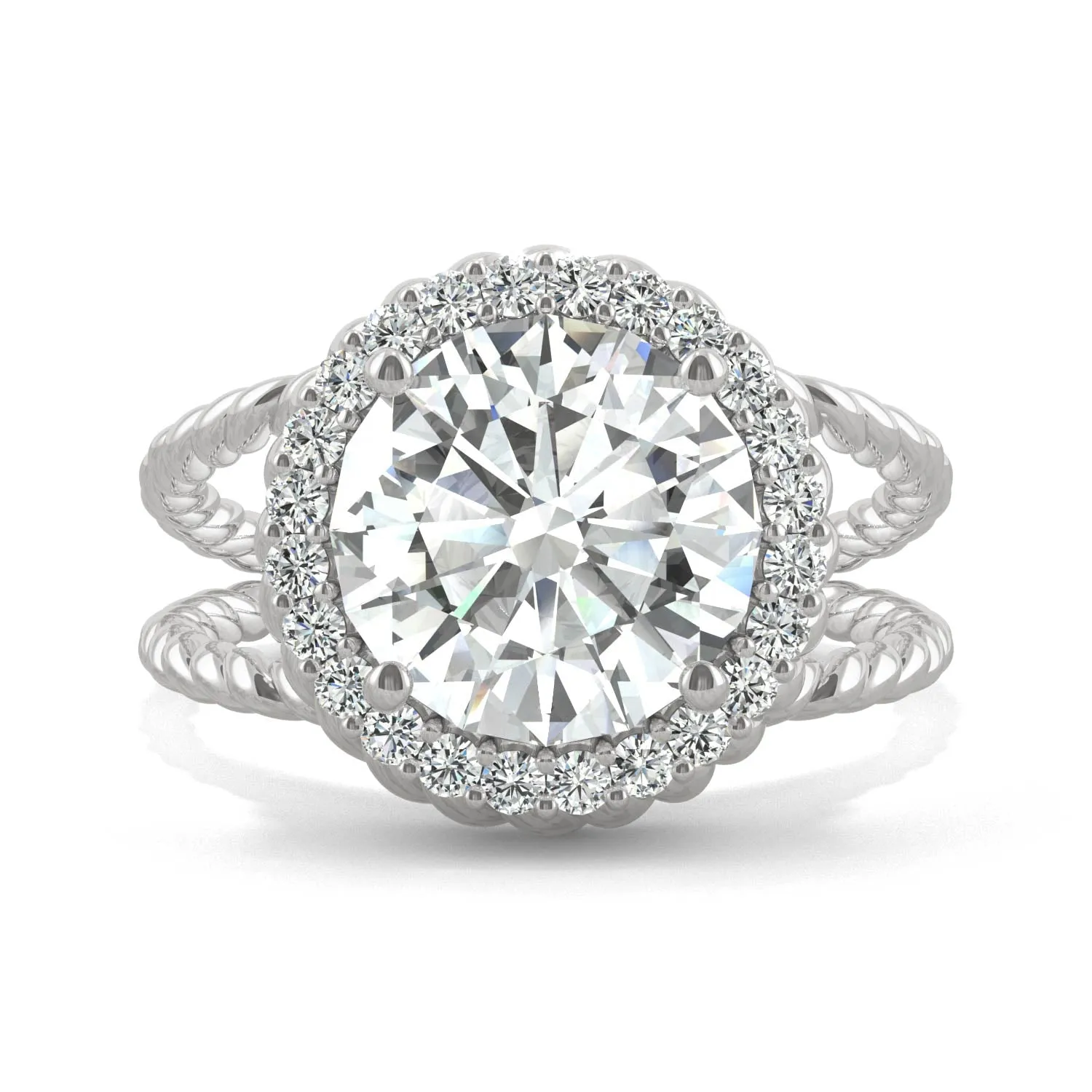 2.94 CTW DEW Round Moissanite Halo Split-Shank Engagement Ring in 14K White Gold