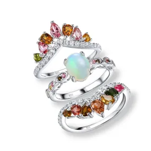 3-Piece Natural Opal Tourmaline Gems Ring Set