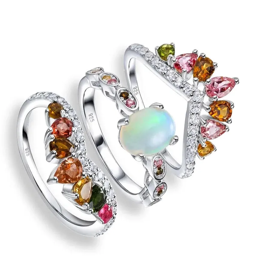 3-Piece Natural Opal Tourmaline Gems Ring Set
