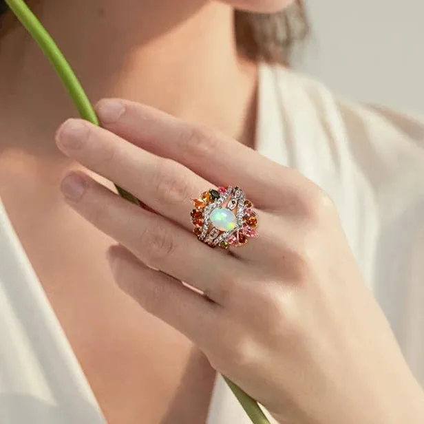 3-Piece Natural Opal Tourmaline Gems Ring Set