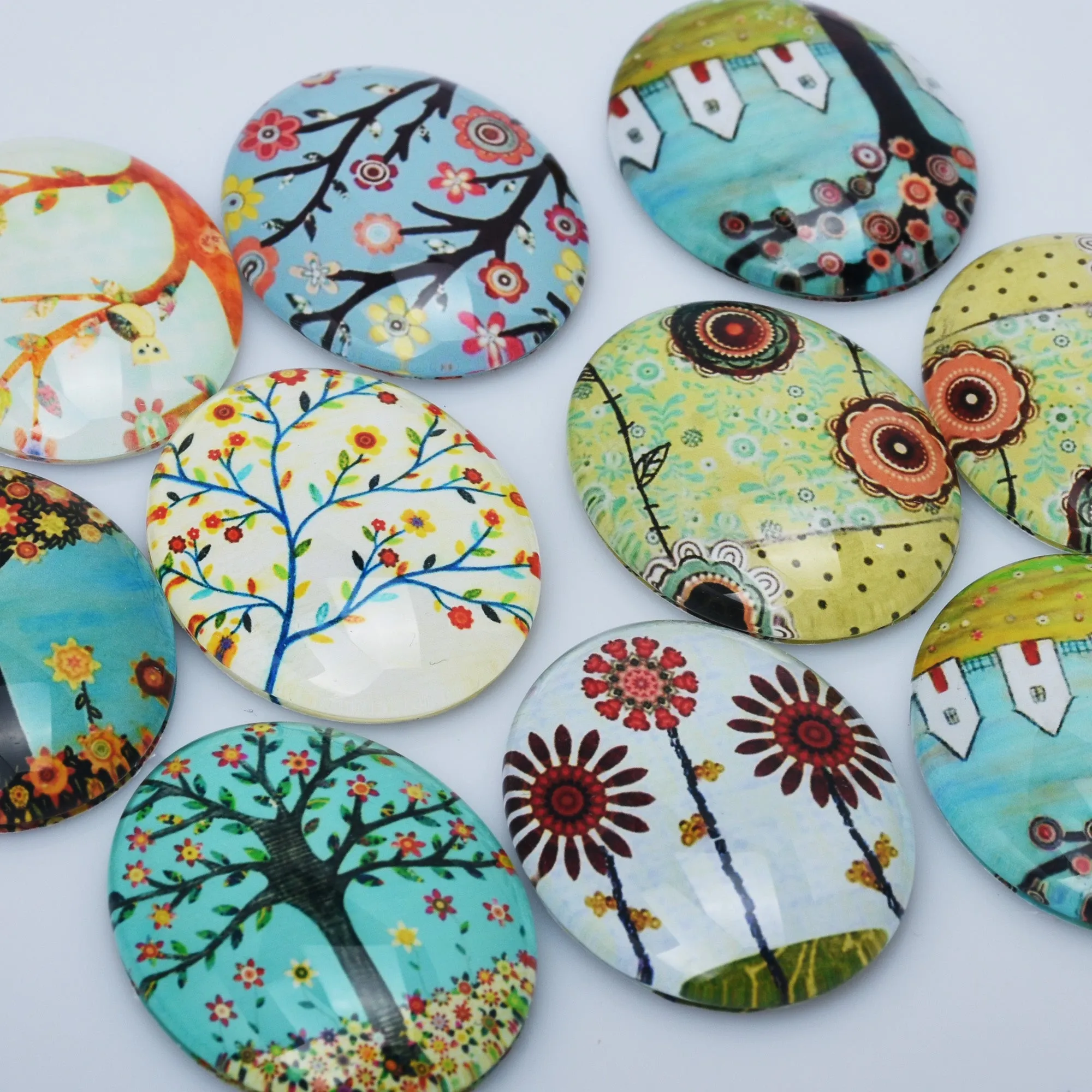 30*40mm Oval transparent pattern glass cabochons with mixed Trees,flat back,thickness 8mm, 10 pieces/lot