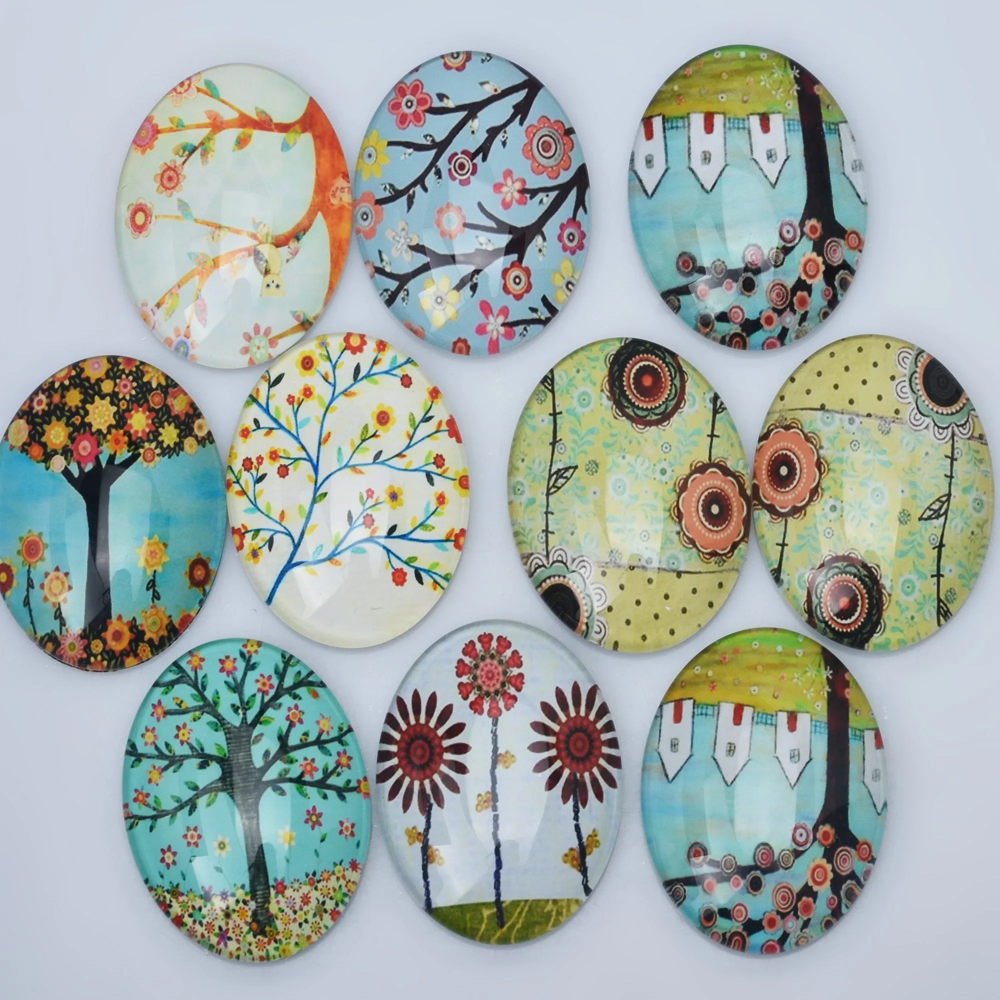 30*40mm Oval transparent pattern glass cabochons with mixed Trees,flat back,thickness 8mm, 10 pieces/lot