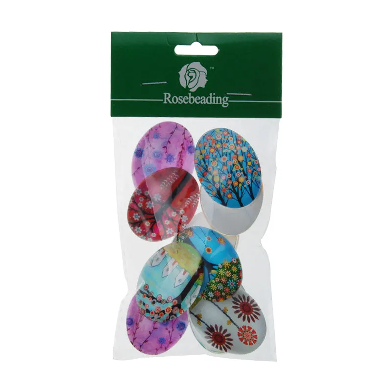 30*40mm Oval transparent pattern glass cabochons with mixed Trees,flat back,thickness 8mm, 10 pieces/lot
