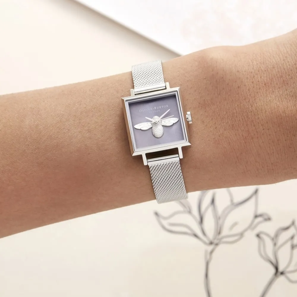 3D Bee Square Dial Lilac Sunray and Silver Stainless Steel Mesh Watch