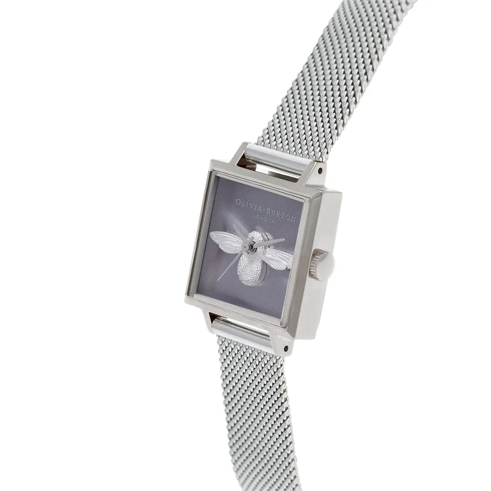 3D Bee Square Dial Lilac Sunray and Silver Stainless Steel Mesh Watch