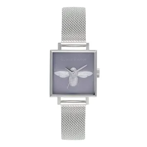 3D Bee Square Dial Lilac Sunray and Silver Stainless Steel Mesh Watch