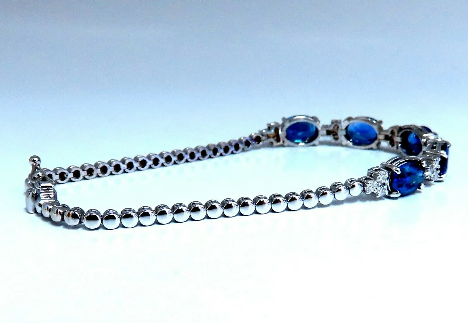 6.38ct natural Vivid royal blue round sapphires diamond bracelet 14 Karat