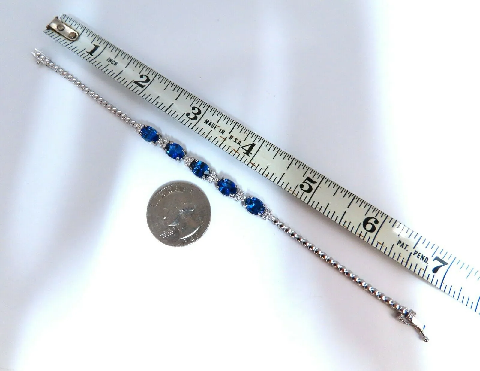 6.38ct natural Vivid royal blue round sapphires diamond bracelet 14 Karat