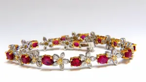 7.28ct Red natural ruby diamonds flower cluster tennis bracelet 18kt