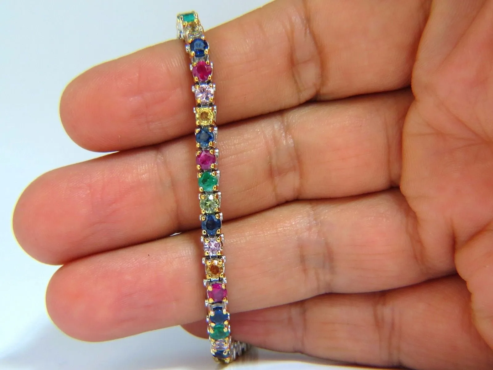 7.50ct natural ruby emerald sapphires diamond tennis bracelet 14kt gem line