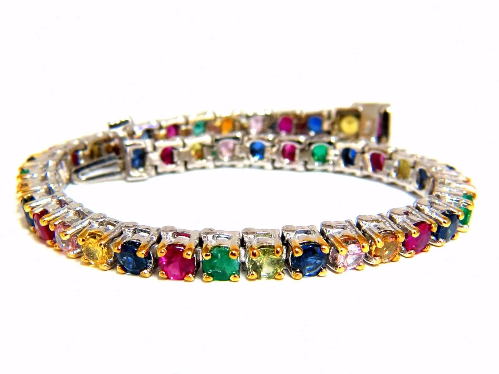 7.50ct natural ruby emerald sapphires diamond tennis bracelet 14kt gem line