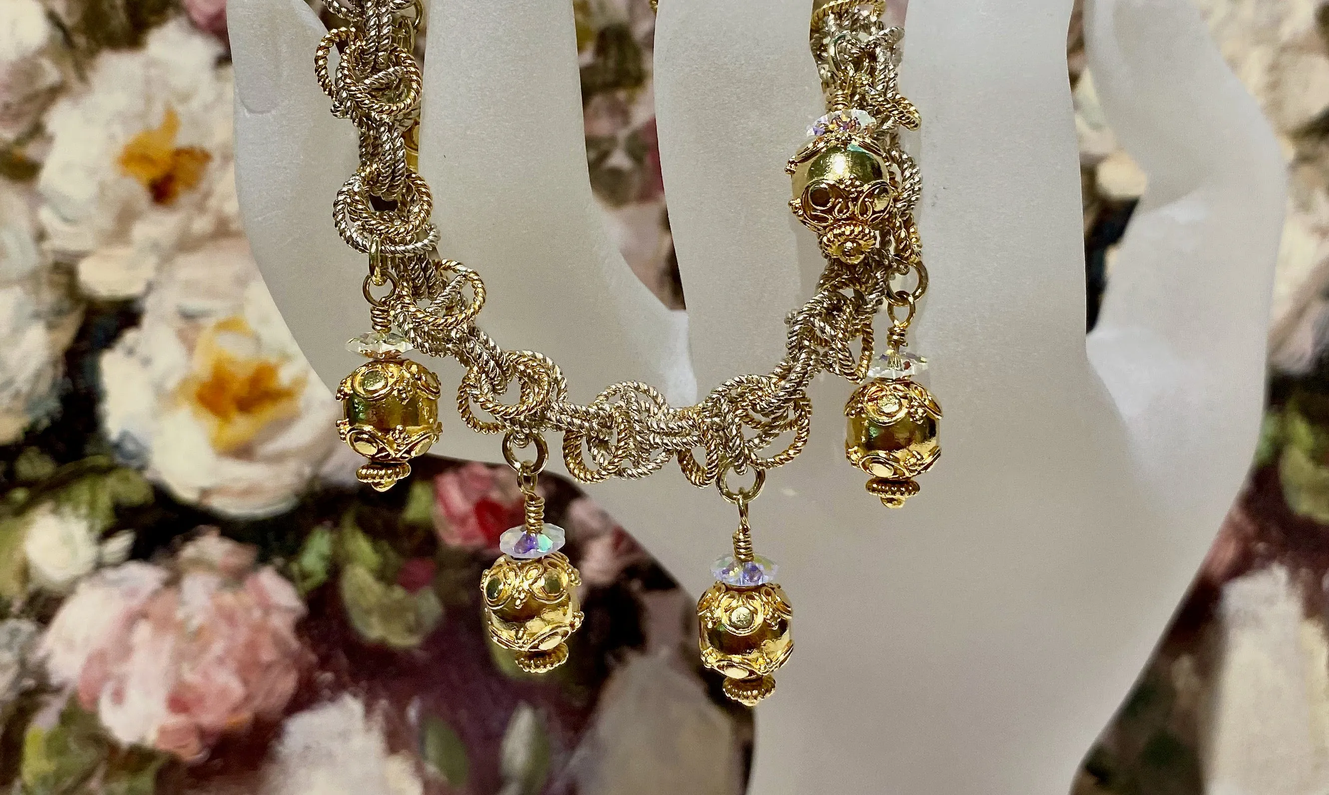 7.5" Handcrafted Sterling Silver & 24K Vermeil "Frilly Eclipse" Bracelet with Dangling Ornaments