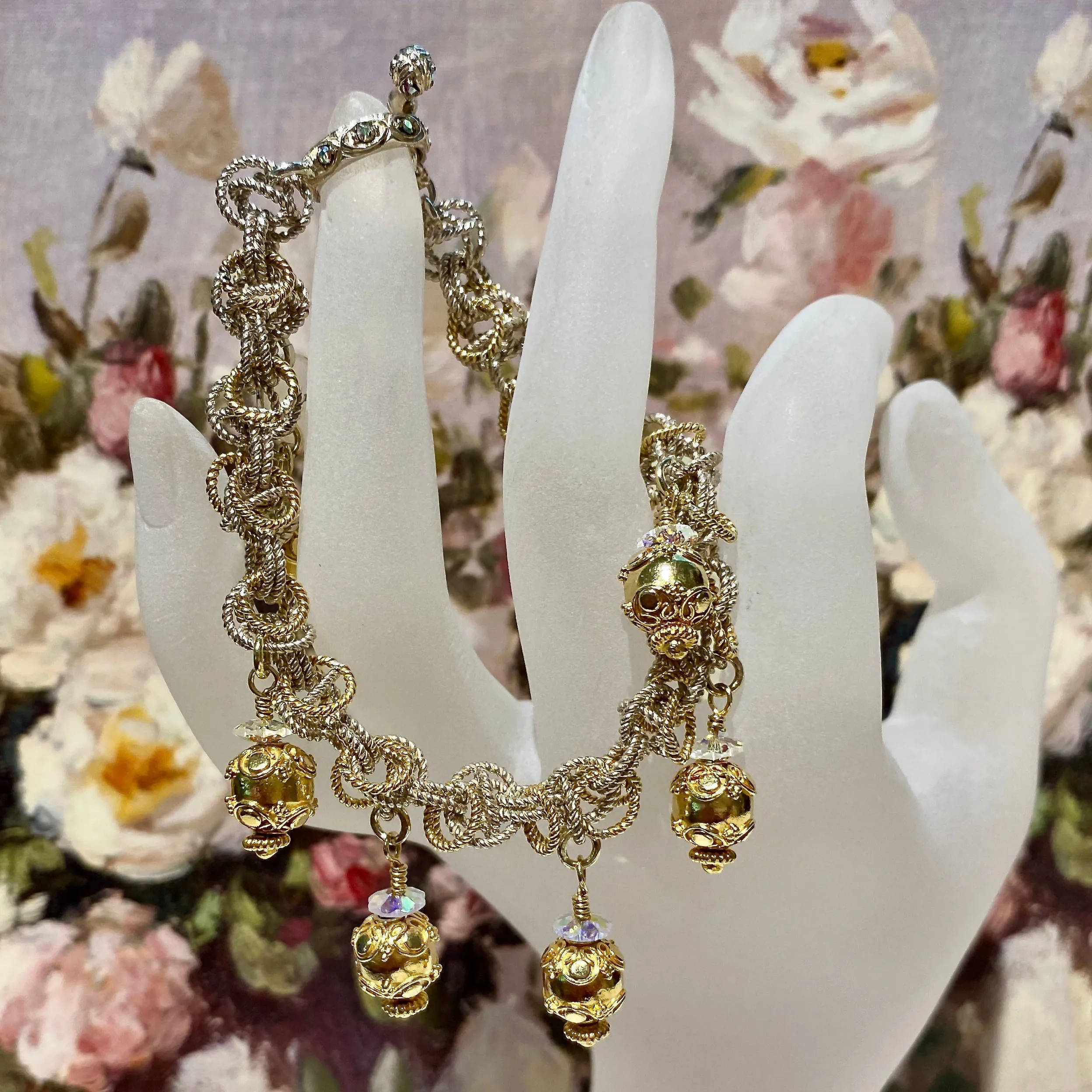 7.5" Handcrafted Sterling Silver & 24K Vermeil "Frilly Eclipse" Bracelet with Dangling Ornaments