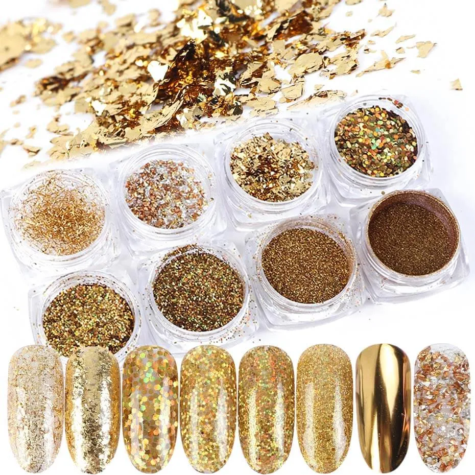 8 Box Mirror Gold Nail Art Glitter Powder Dust Holographic Gold foil Flakes Circle Sequin