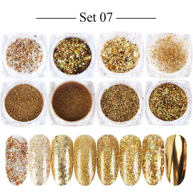 8 Box Mirror Gold Nail Art Glitter Powder Dust Holographic Gold foil Flakes Circle Sequin