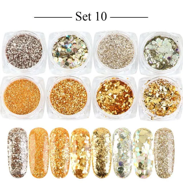 8 Box Mirror Gold Nail Art Glitter Powder Dust Holographic Gold foil Flakes Circle Sequin