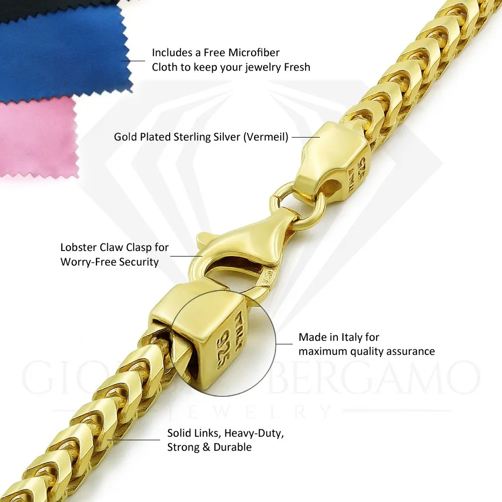 925 Sterling Silver 1.5mm Solid Franco Gold Plated Bracelet