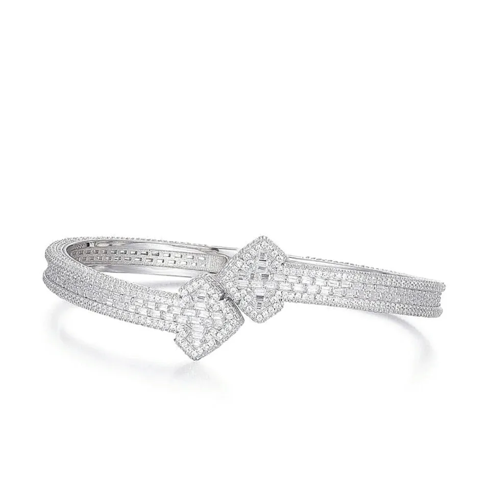 925 Sterling Silver Cubic Zirconia two prominent rhombus 7" Bangle Bracelet - C300039