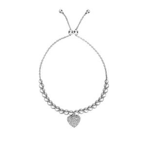 925 Sterling Silver Micro Pave Heart Adjustabe Pull Bolo Bracelet
