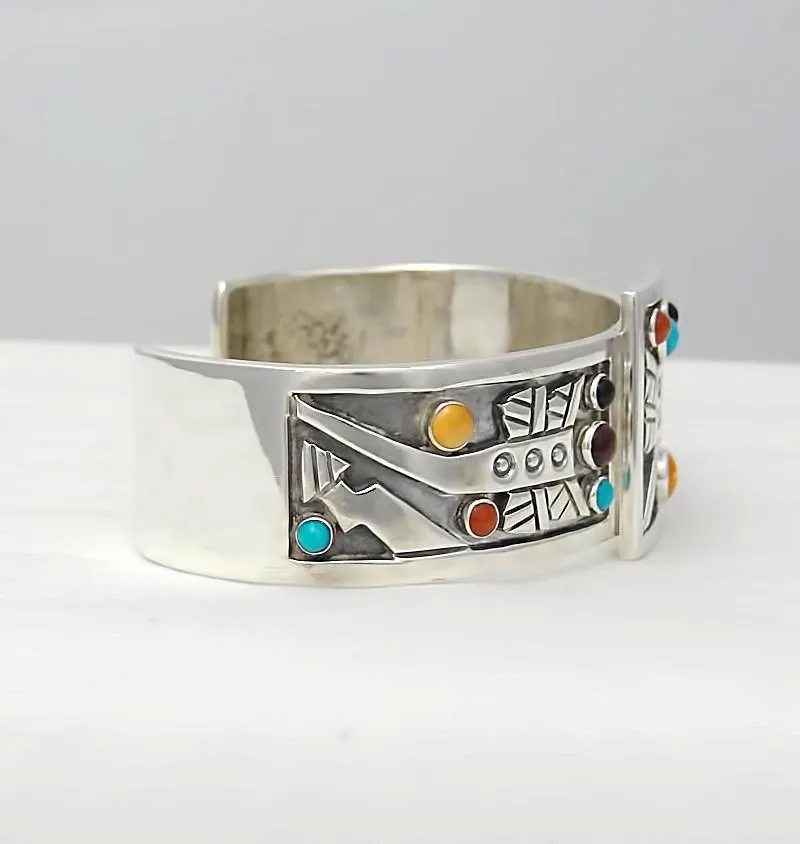 Aaron John Sterling Silver Cabochon Stone Tribal Cuff Bracelet 57.3g 6 1/2"