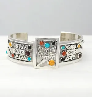 Aaron John Sterling Silver Cabochon Stone Tribal Cuff Bracelet 57.3g 6 1/2"