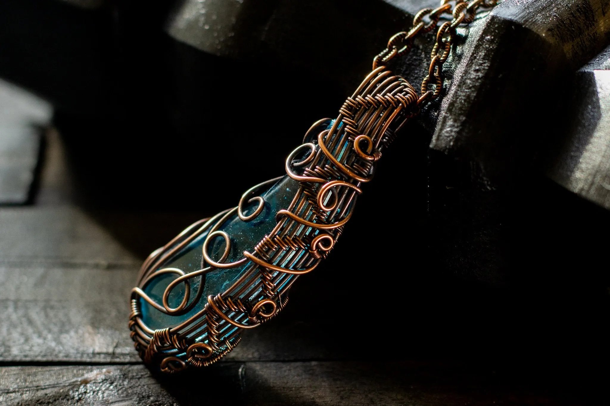 Abstract Copper Wire Wrapped Pendant with Transparent Blue Fused Glass