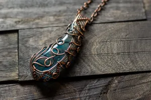 Abstract Copper Wire Wrapped Pendant with Transparent Blue Fused Glass