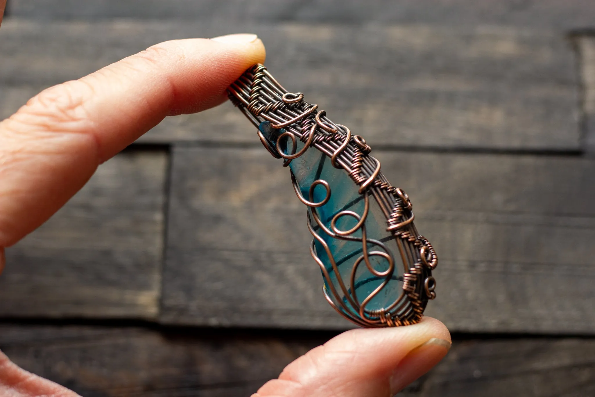 Abstract Copper Wire Wrapped Pendant with Transparent Blue Fused Glass