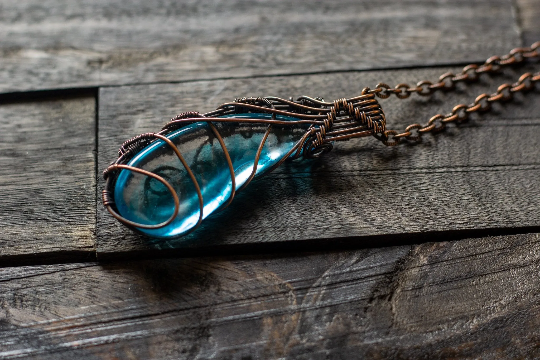 Abstract Copper Wire Wrapped Pendant with Transparent Blue Fused Glass