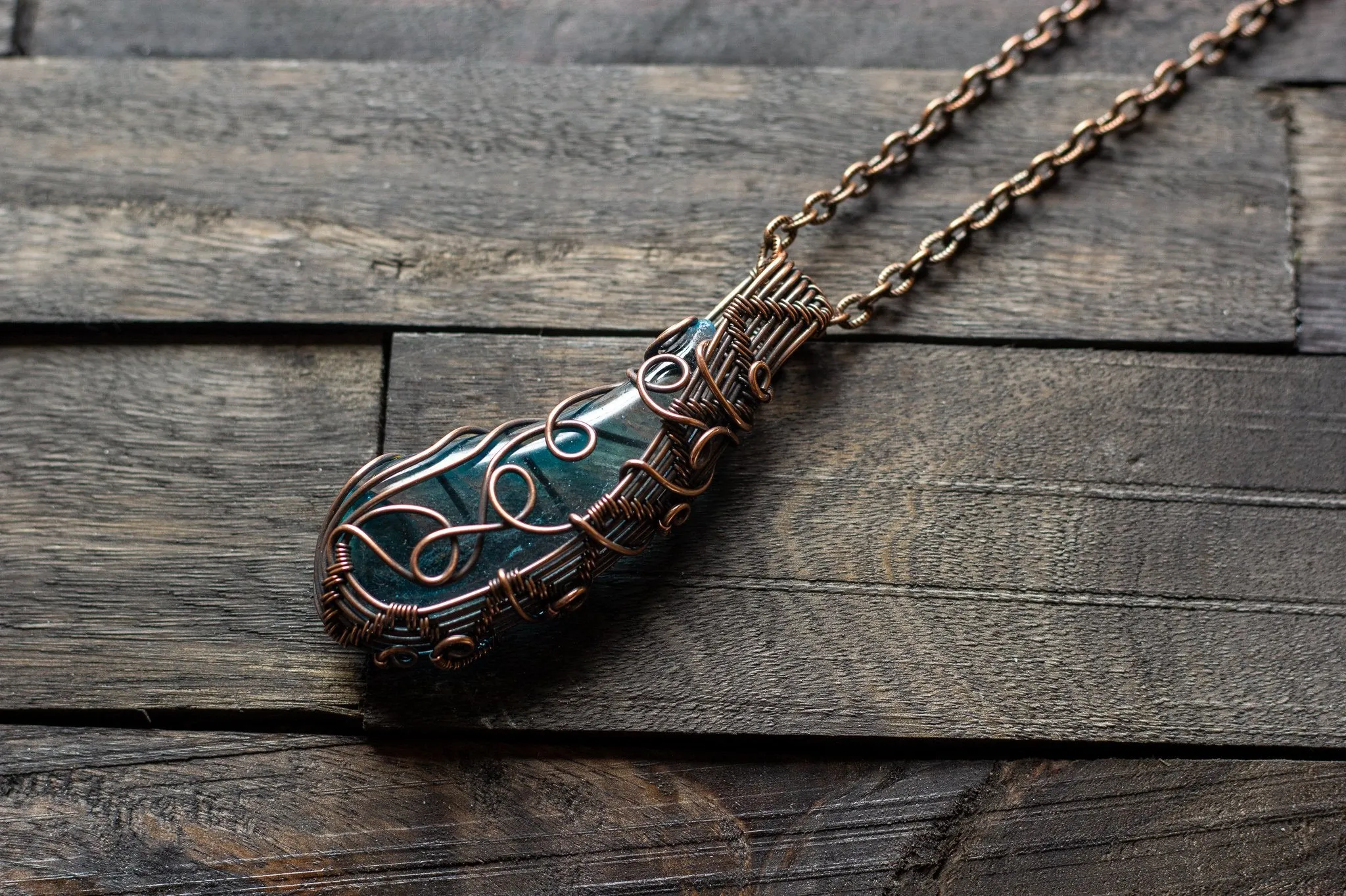 Abstract Copper Wire Wrapped Pendant with Transparent Blue Fused Glass