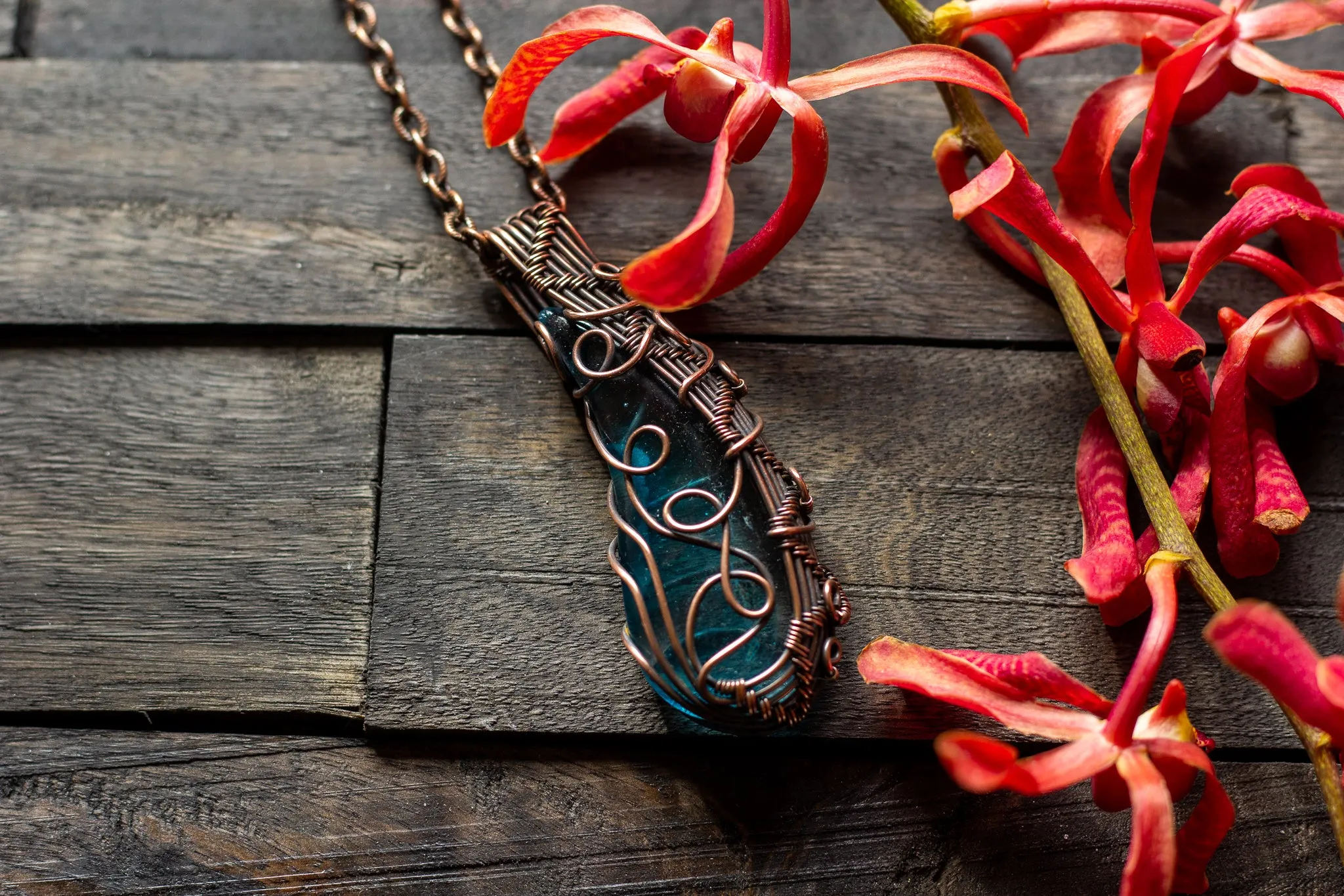 Abstract Copper Wire Wrapped Pendant with Transparent Blue Fused Glass
