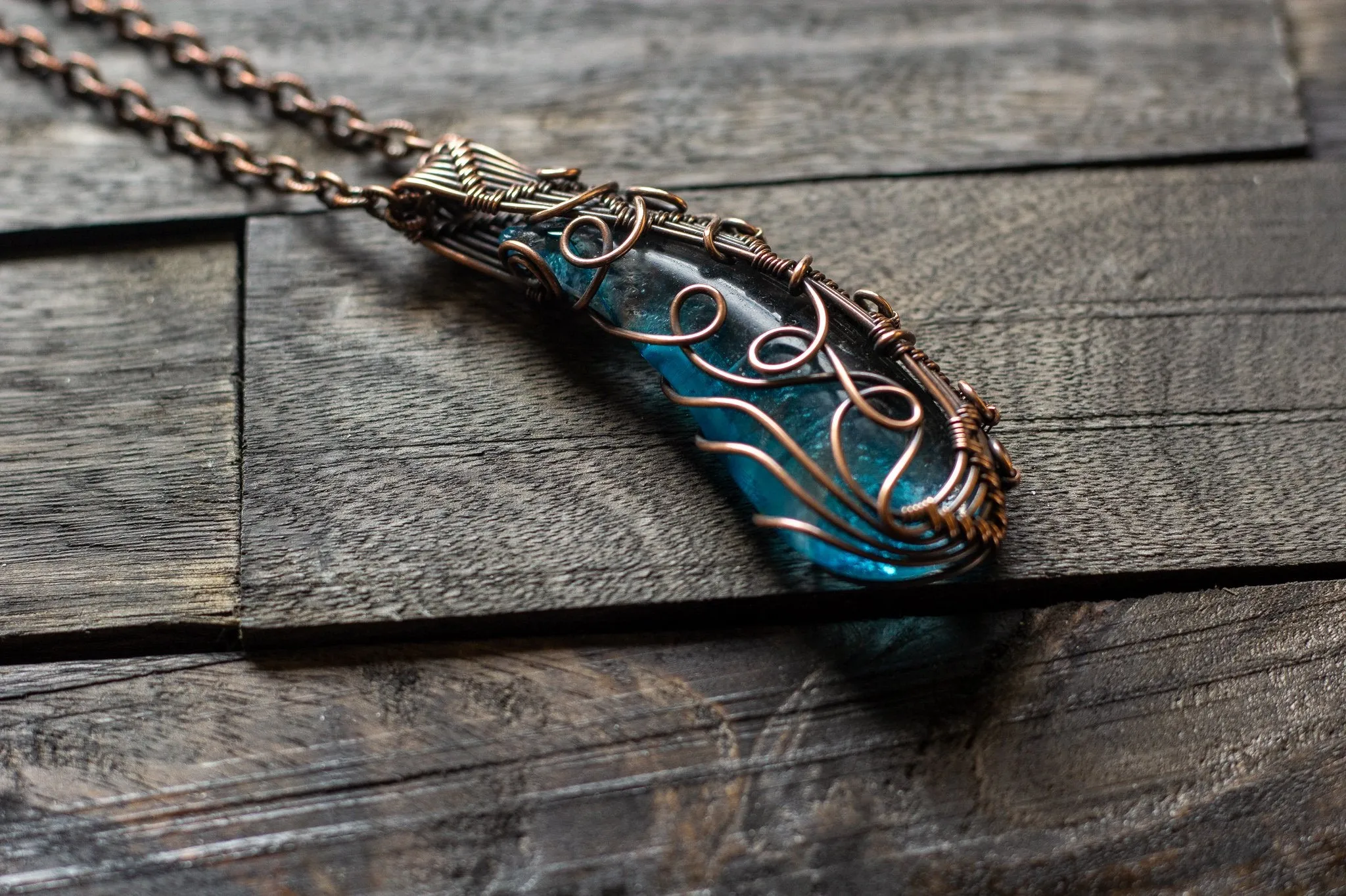 Abstract Copper Wire Wrapped Pendant with Transparent Blue Fused Glass