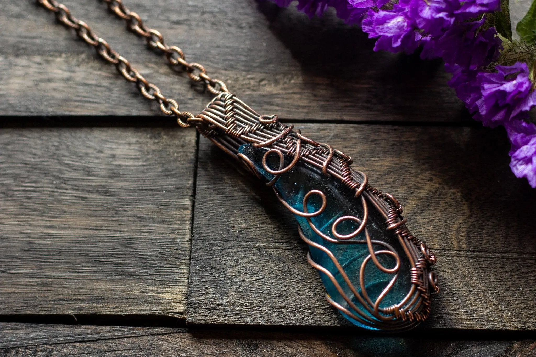 Abstract Copper Wire Wrapped Pendant with Transparent Blue Fused Glass