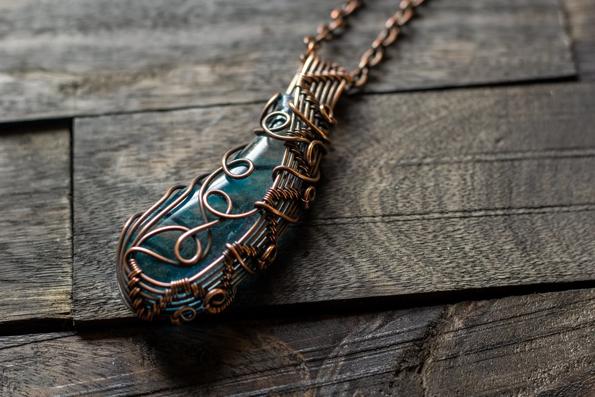 Abstract Copper Wire Wrapped Pendant with Transparent Blue Fused Glass