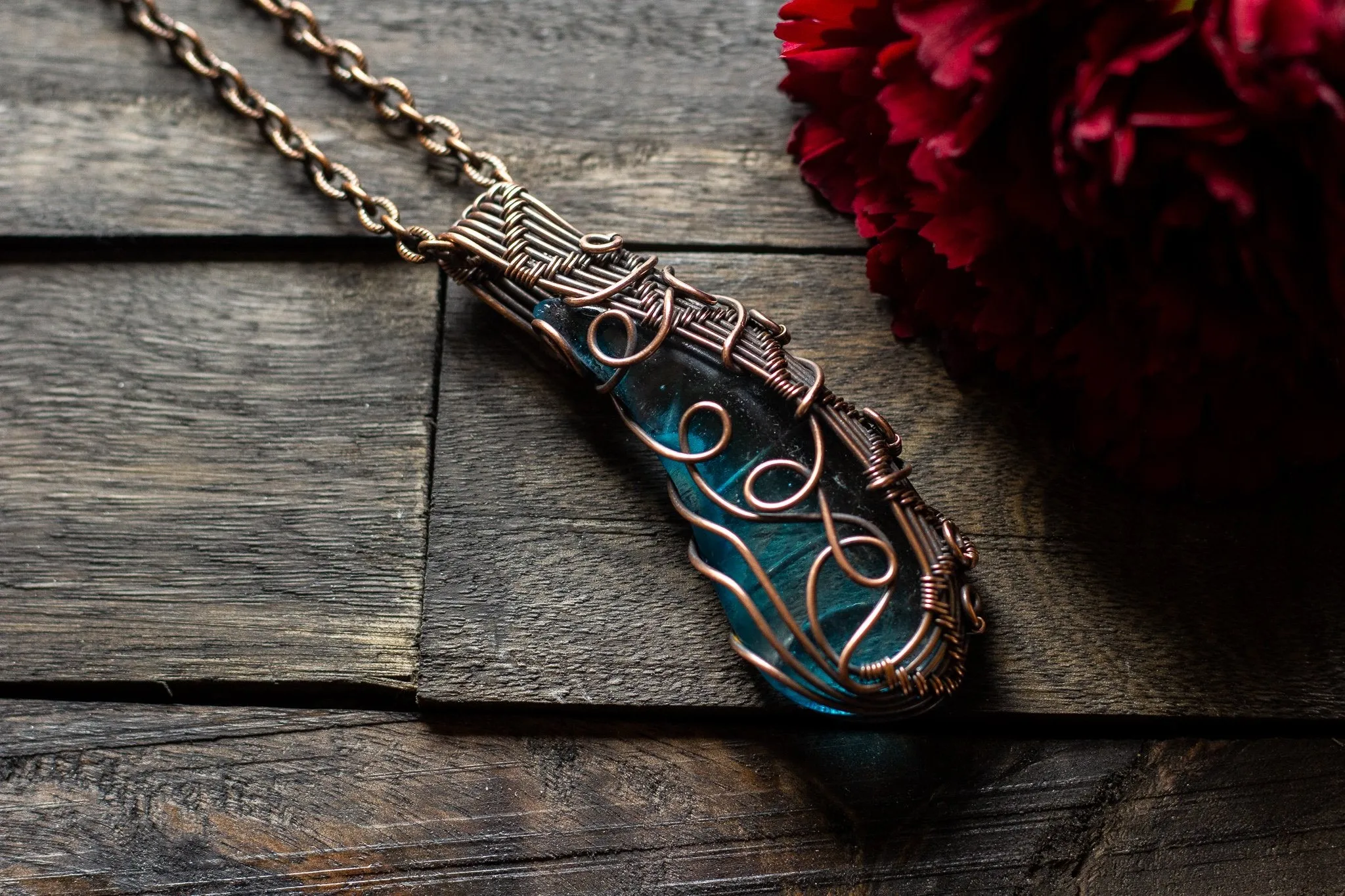 Abstract Copper Wire Wrapped Pendant with Transparent Blue Fused Glass