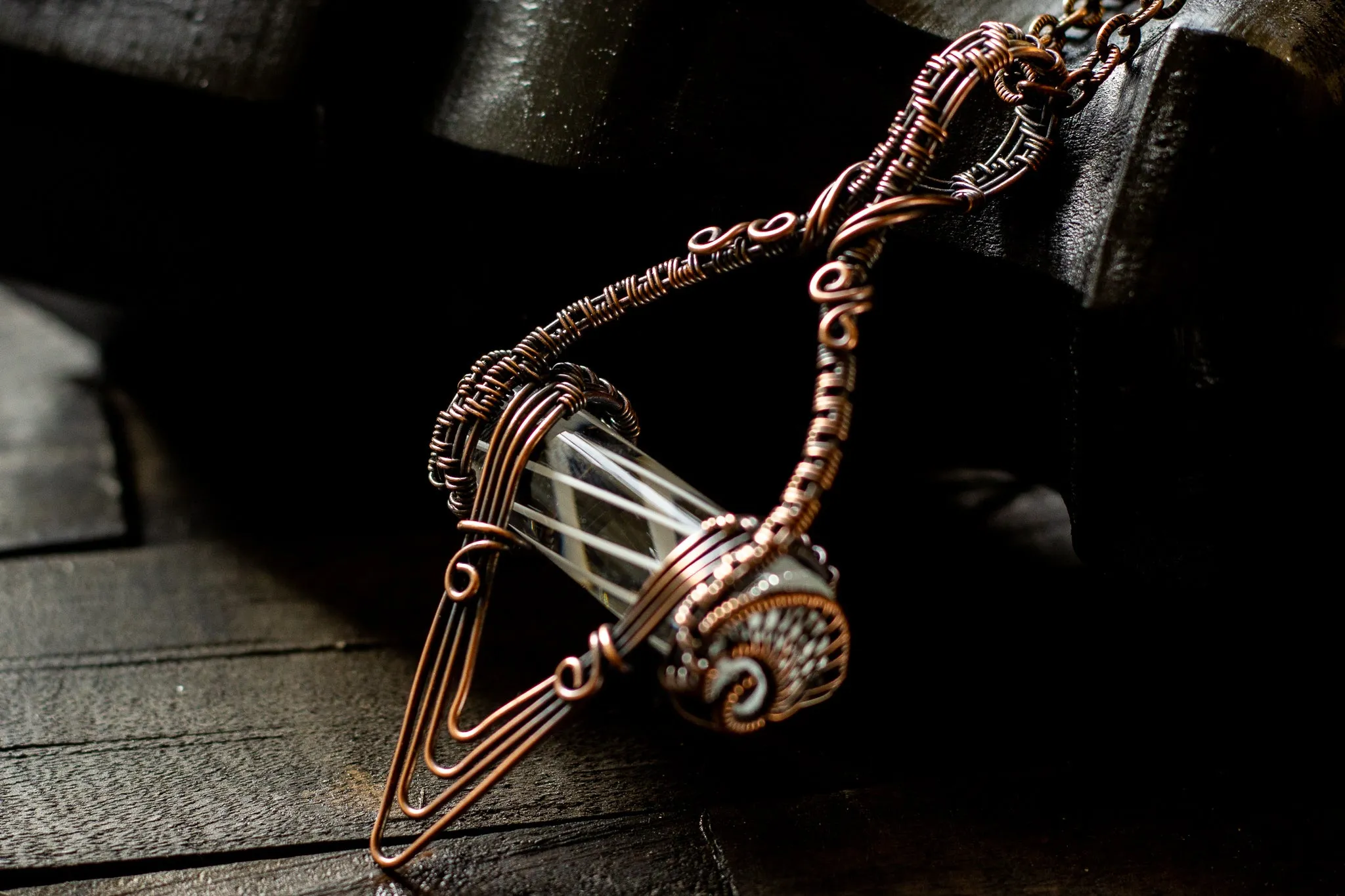 Abstract Copper Wire Wrapped Pendant with Transparent White Striped Pattern Rod