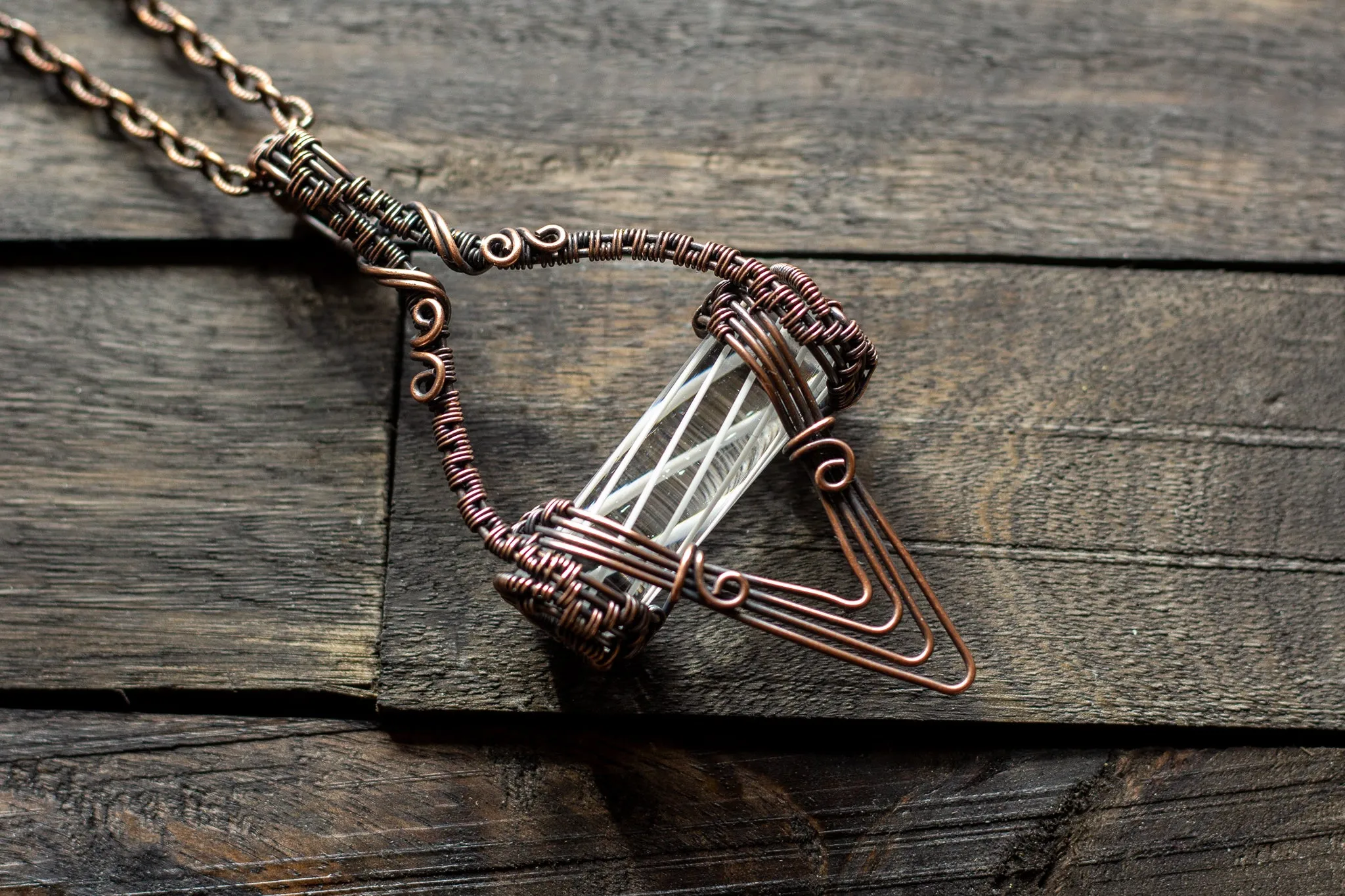 Abstract Copper Wire Wrapped Pendant with Transparent White Striped Pattern Rod